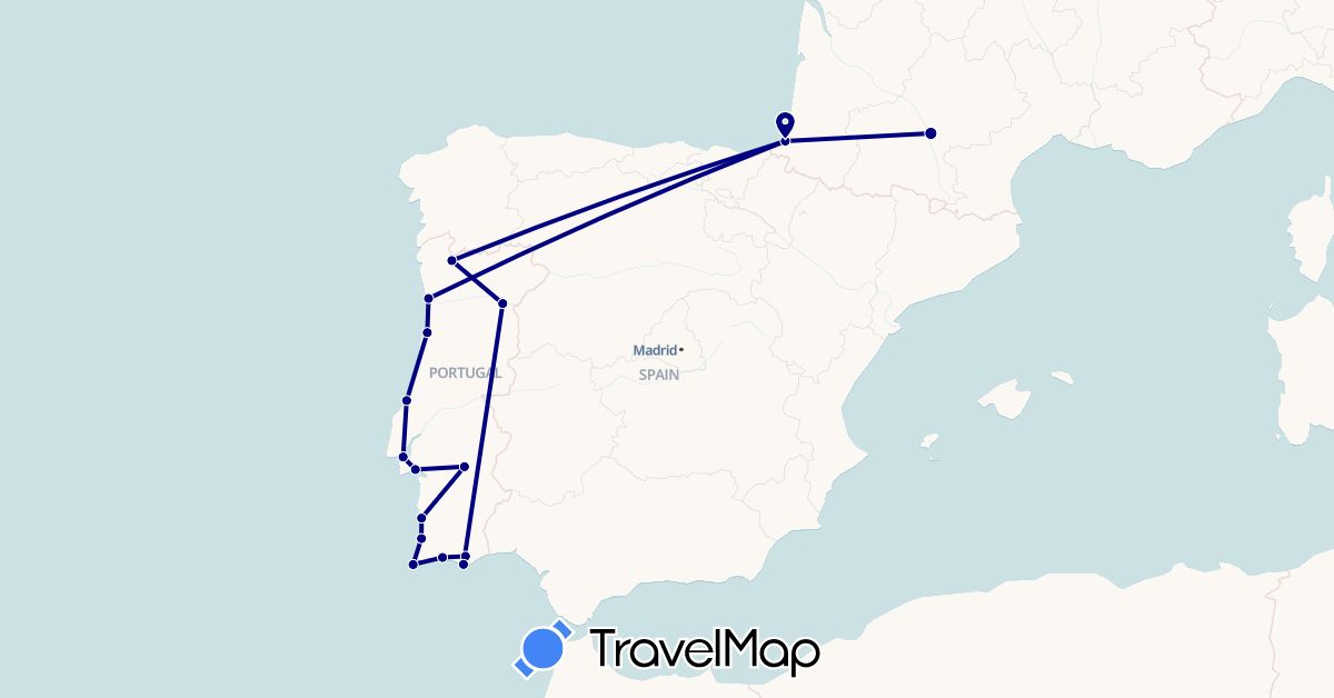 TravelMap itinerary: driving in France, Portugal (Europe)